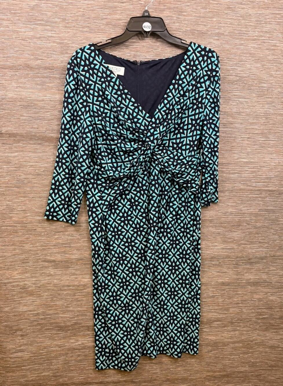Kasper Faux Wrap Dress Womens Size 14 Blue Teal Black Geometric Print 3/4 Sleeve
